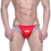 Metro malewear competidor bikini red 4965-12 men’s red and silver swim trunks with white logo on front