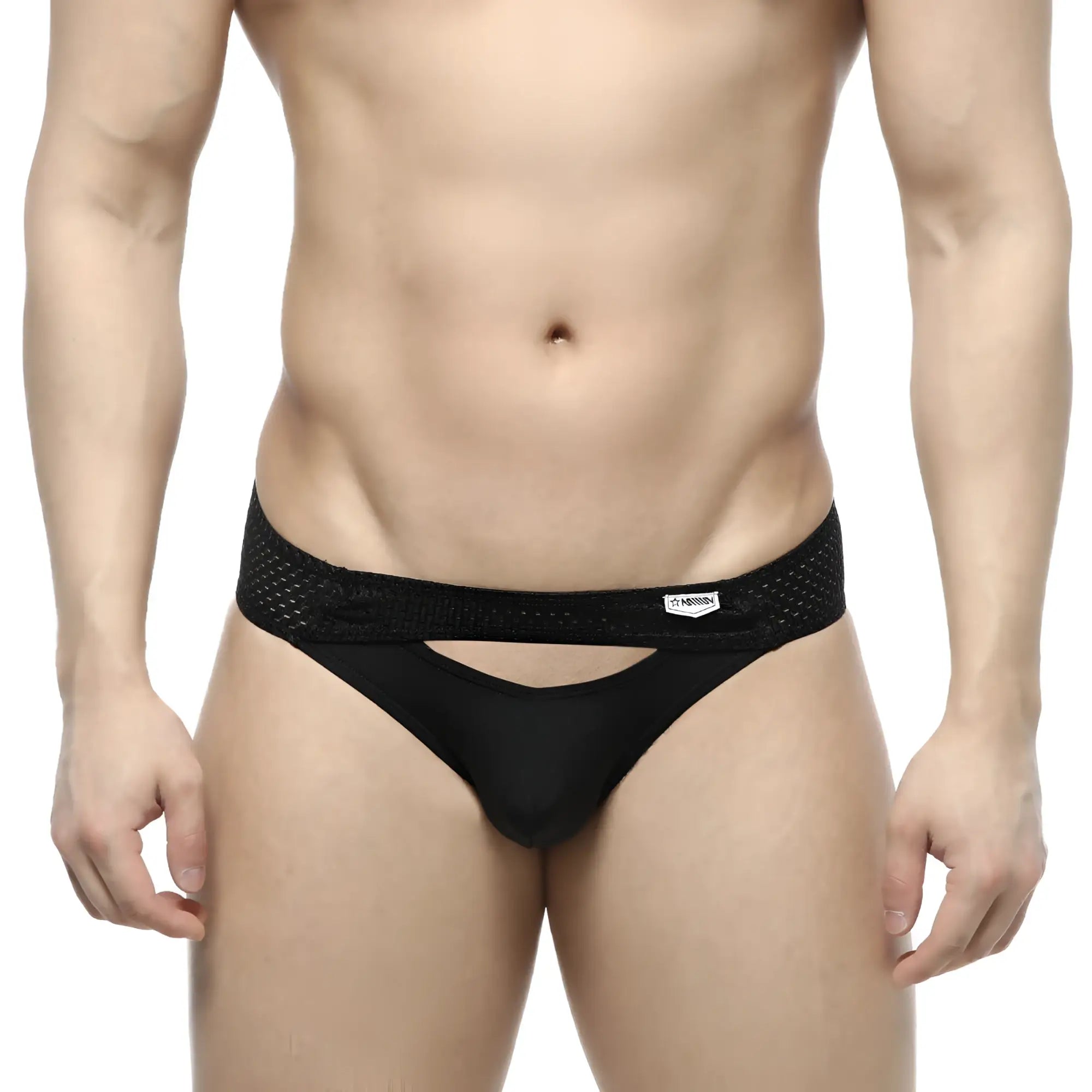 MetroMaleWear Contento Bikini black briefs with sleek form-fitting design and black mesh trim for comfortable wear