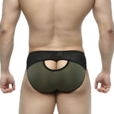 Olive green mesh-backed briefs with black elastic waistband and cutout detail by metromalewear contento bikini khaki 1205-26