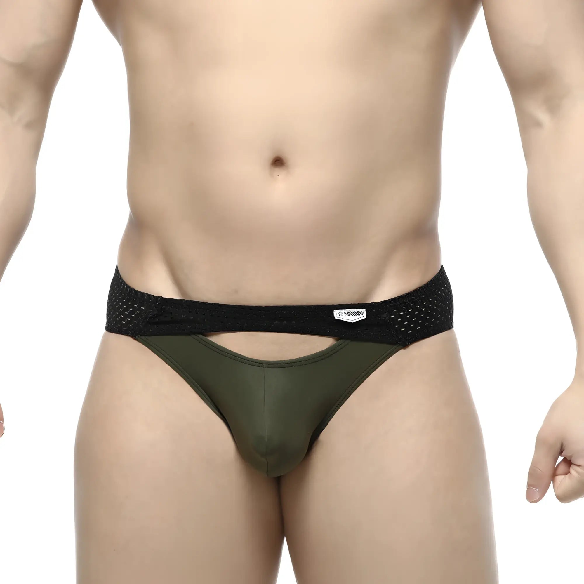 Olive green mesh-trimmed briefs with black elastic waistband and white metro male wear brand tag contento bikini khaki