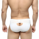 MetroMaleWear Contento bikini white briefs featuring white mesh back, central cutout, and smooth fabric front