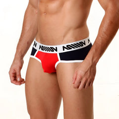 Red and black athletic briefs with white waistband and bold black lettering from MetroMaleWear contrast brief navy 9004-28