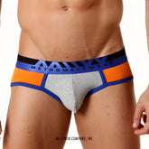 Gray and orange athletic briefs with blue trim featuring bold metromalewear logo on waistband metro malewear contrast brief