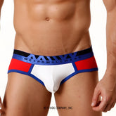 White red and blue MetroMaleWear contrast brief featuring bold metromalewear logo waistband in athletic style
