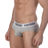 MetroMaleWear Core hip brief grey heathered fabric with white elastic waistband featuring black millin branding