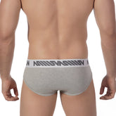 MetroMaleWear core hip brief grey 8003-10 heathered fabric with white elastic waistband and dark gray logo pattern
