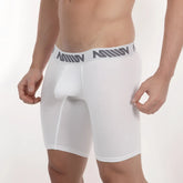 White metro malewear core midcut boxer briefs with gray waistband featuring million logo in repeating lettering