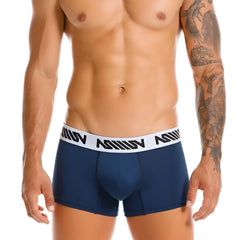 Navy blue metro male wear core short boxer briefs with white elastic waistband and black geometric branding