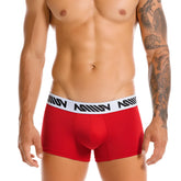 Red metroMalewear core short boxer briefs 7 inch with white elastic waistband and black geometric branding