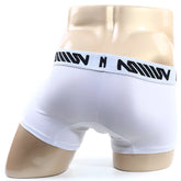 White metro malewear core short boxer briefs with a 7 inch inseam and black logo waistband