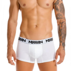 White men’s boxer briefs with black and white patterned elastic waistband featuring metro malewear logo