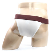White athletic briefs with maroon waistband by metromalewear cosmos bikini cream 1124-04 displayed on a mannequin