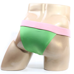 MetroMaleWear Cosmos bikini green satin briefs with a pink waistband featuring a comfortable fit