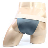 Dark teal satin briefs with wide beige waistband metroMalewear cosmos bikini moss 1124-07 front view