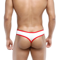 MetroMalewear cotton half-bikini thong in white with red trim showing front side features soft breathable fabric