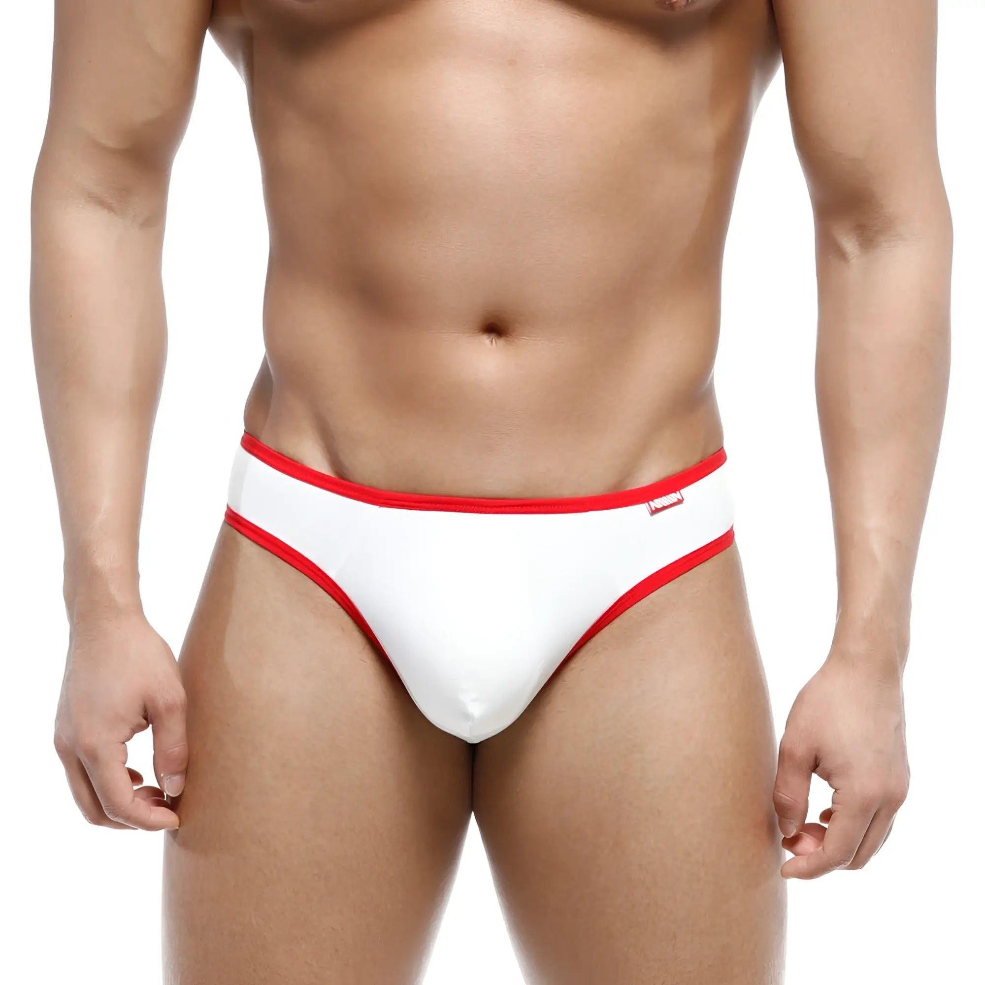 White cotton half-bikini thong by MetroMaleWear in white with red trim shown from the back side