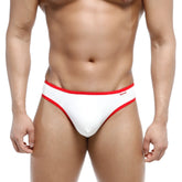 White cotton half-bikini thong by MetroMaleWear in white with red trim shown from the back side