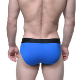 Bright blue cotton hip briefs with black elastic waistband featuring the MetroMaleWear brand logo