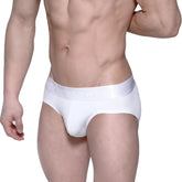 White mens cotton hip briefs with a smooth form fitting design and elastic waistband embossed branding metroMalewear