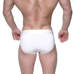 White men’s cotton briefs with a smooth form-fitting design and subtle branding on the waistband metroMalewear crystal