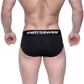 Black metrowear cotton hip briefs with a white logo band designed for intense comfort and support