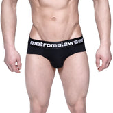 Black cotton metroMalewear hip briefs with a white logo band designed for comfort and style