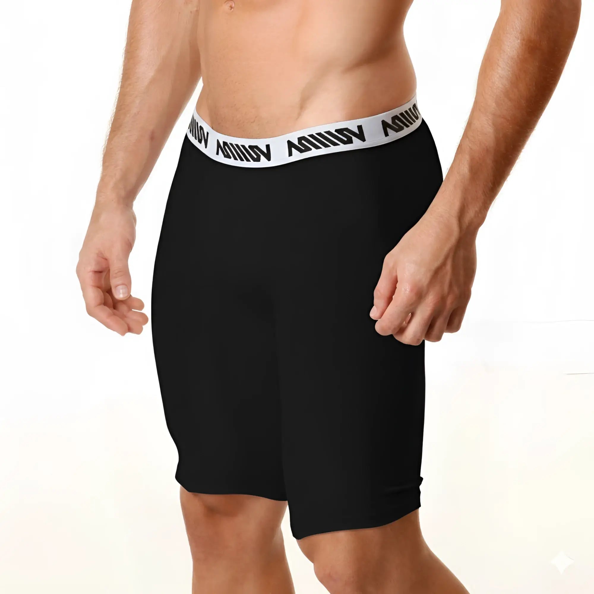 Black cotton long athletic shorts with a white elastic waistband featuring the aquav logo in black lettering