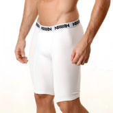 White men’s cotton compression shorts with black aquav logo waistband metro male wear 15 inch length