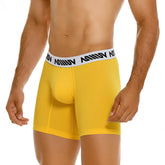 Bright yellow cotton metro malewear cotton mid boxer briefs with white elastic waistband and black logo text