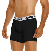 Black cotton boxer briefs with a white amin branded elastic waistband metroMalewear cotton mid boxer 10inch