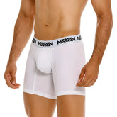 White men’s cotton boxer briefs with a 10 inch inseam and a black amin logo waistband from MetroMaleWear