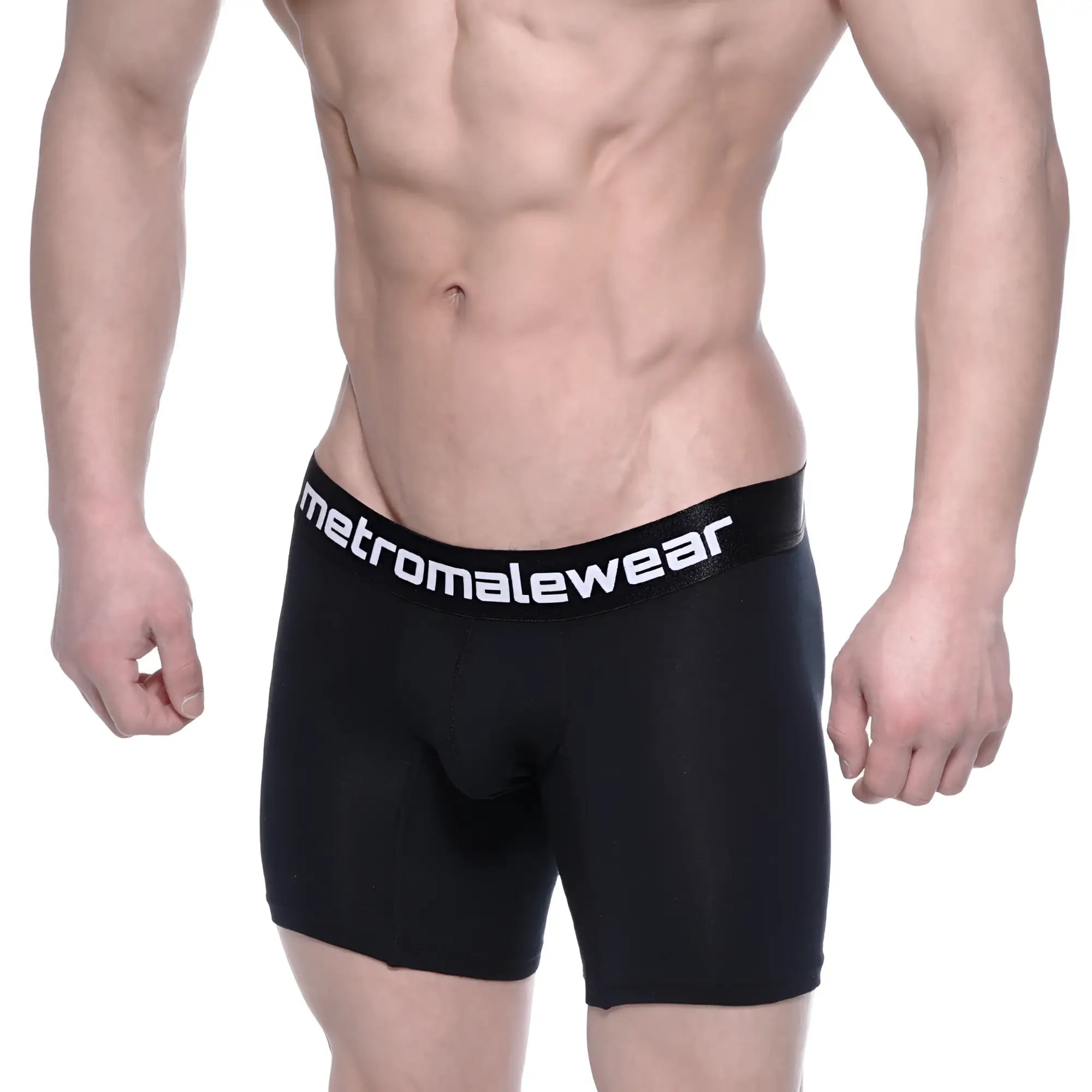 Black men’s cotton mid boxer briefs with 10 inch inseam and white metromalewear logo on waistband
