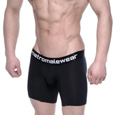 Black men’s cotton mid boxer briefs with 10 inch inseam and white metromalewear logo on waistband