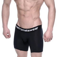 Black men’s cotton mid boxer briefs with 10 inch inseam and white metromalewear logo on waistband
