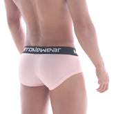 Pink cotton metro malewear briefs with black waistband featuring white m and atromewear branding pouch boxer