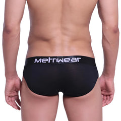 Black MetroMaleWear cotton pouch hip briefs 3003-20 with white logo on waistband front view
