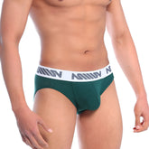 MetroMaleWear cotton pouch hip brief in pine green with white elastic waistband and gray geometric logo pattern