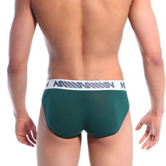 Dark green cotton pouch hip brief with white elastic waistband and gray logo pattern by metromalewear