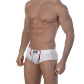 White men’s cotton briefs metroMalewear cotton punto white 7003-00 with red and black trim and jonny logo waistband