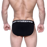 Black cotton ribbed briefs with bulge bikini fit and white metromalewear logo on waistband