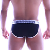 Black cotton ribbed athletic briefs with a white waistband featuring dark blue metro malewear logos