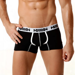 Black mens cotton boxer briefs metroMalewear with white elastic waistband black logo and white stitching 7 inch inseam