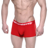 Red men’s cotton short boxer briefs with a crimson color and white metromalewear logo on the elastic waistband
