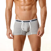 Gray heathered cotton briefs with white elastic waistband and black milly branding metro malewear 7 inch boxer