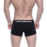 Black metrowear cotton short boxer briefs with 7 inch inseam and white logo waistband for comfortable wear