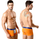 Orange metro male wear cotton boxer briefs with blue metromax waistband and silver mesh front panel 7 inch length