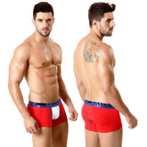 Red men’s cotton boxer briefs with white pouch and blue branded waistband metroMalewear 7inch short boxer