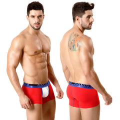 Red men’s cotton boxer briefs with white pouch and blue branded waistband metroMalewear 7inch short boxer