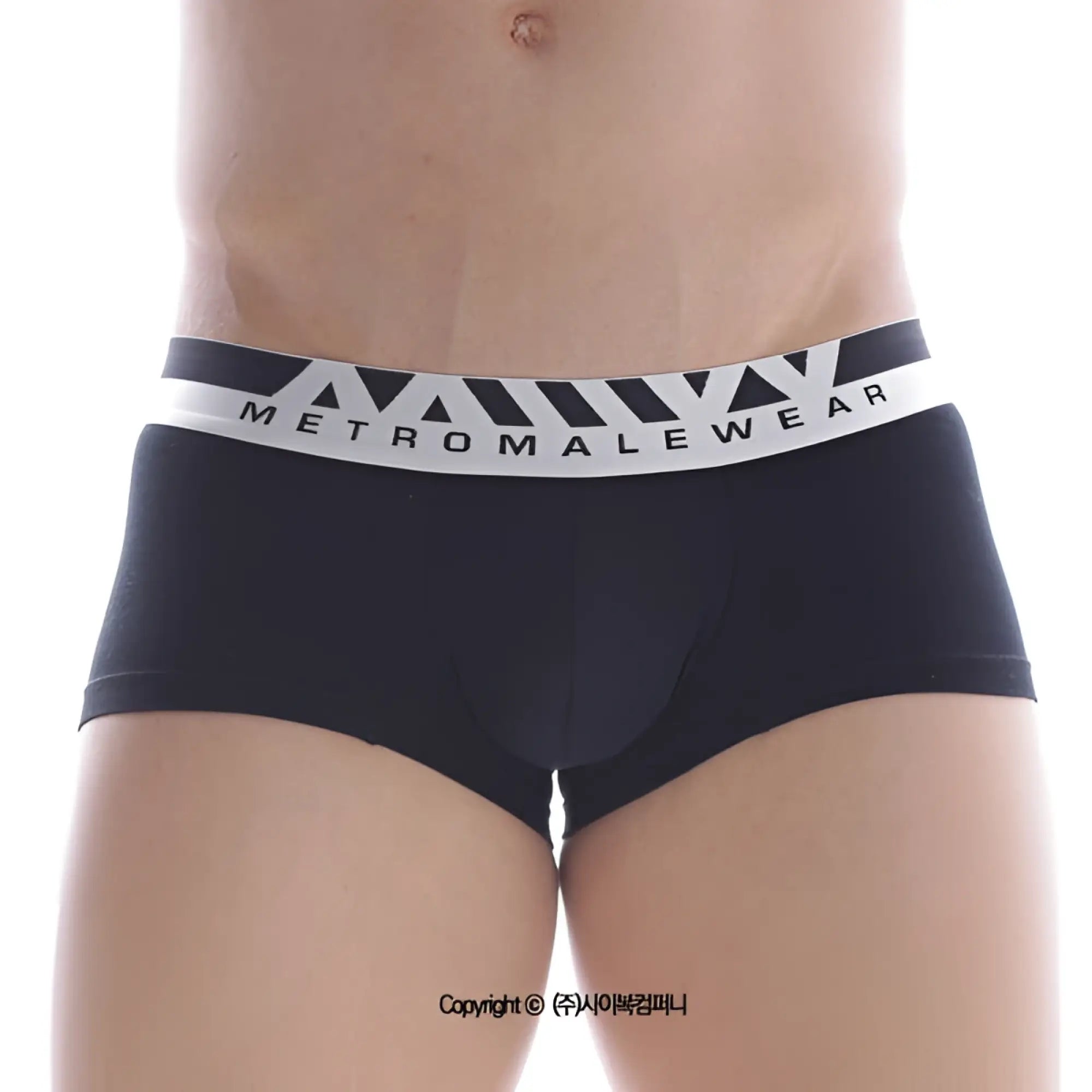Black cotton metro malewear briefs with white logo waistband and geometric triangle patterns 7 inch boxer shorts