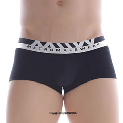 Black cotton metro malewear briefs with white logo waistband and geometric triangle patterns 7 inch boxer shorts
